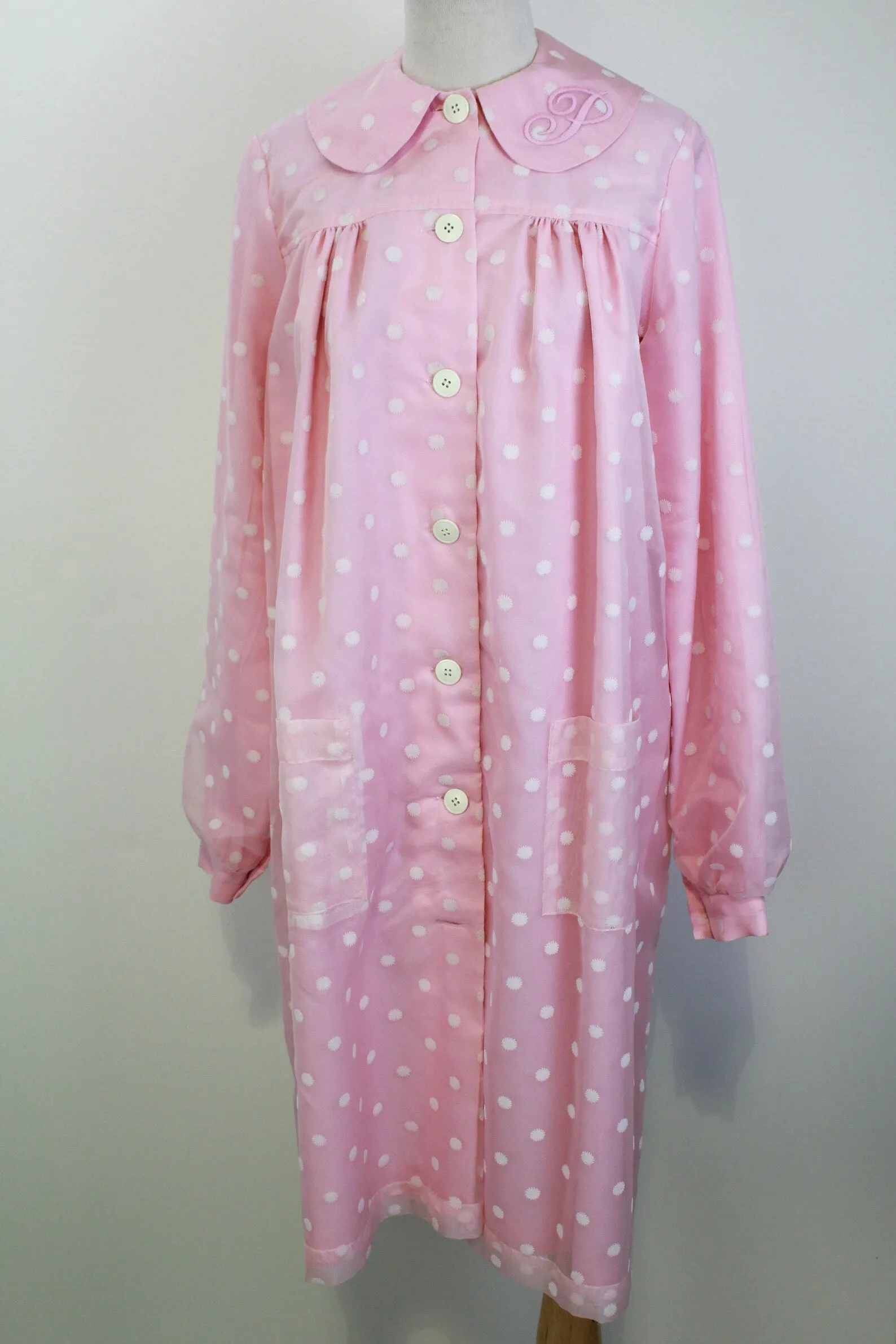 1960s-Style Pink Flower Shop Coat, Pinky's Uniform from Hairspray, Movie Costume, Embroidered P Initial