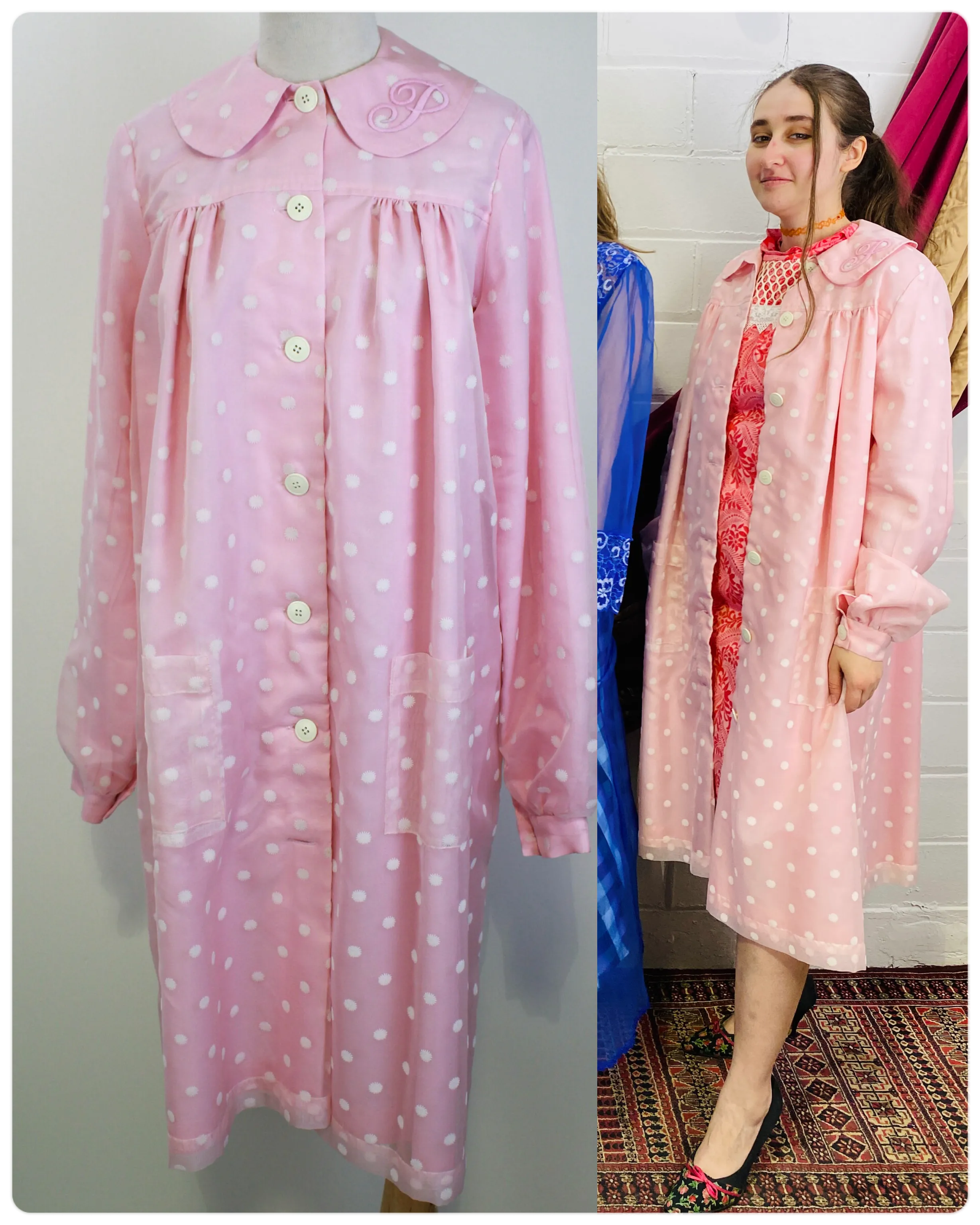 1960s-Style Pink Flower Shop Coat, Pinky's Uniform from Hairspray, Movie Costume, Embroidered P Initial