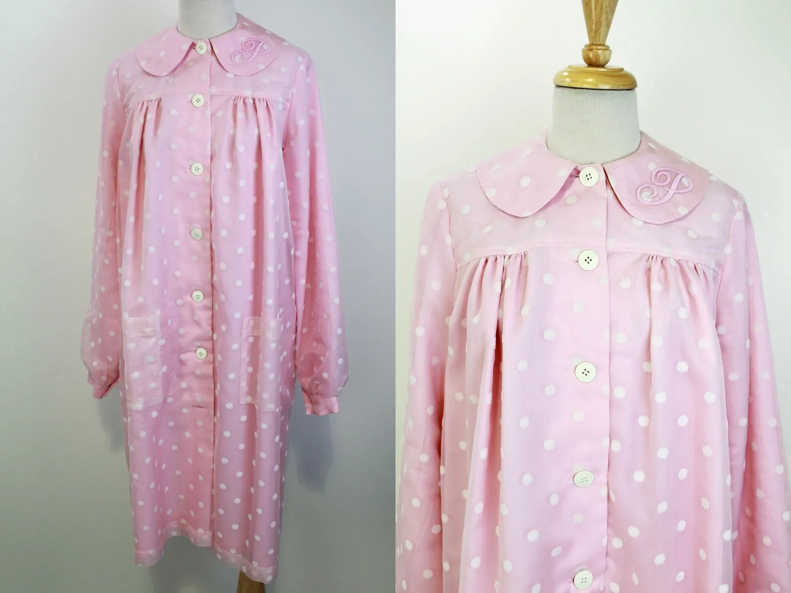 1960s-Style Pink Flower Shop Coat, Pinky's Uniform from Hairspray, Movie Costume, Embroidered P Initial