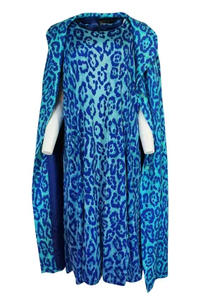 1970s La Mendola Silk Jersey Blue Print Dress & Knit Jersey Coat Set