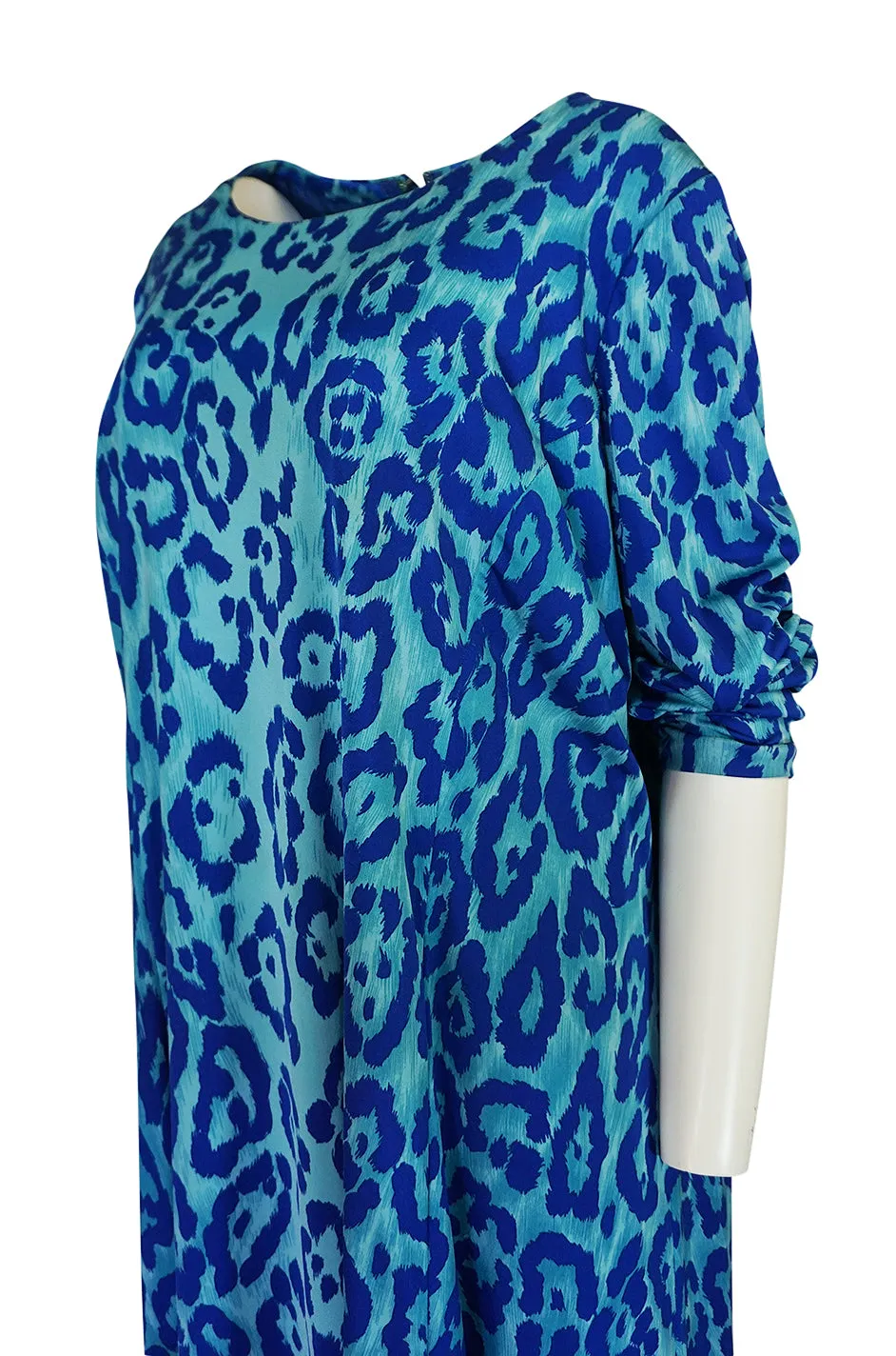 1970s La Mendola Silk Jersey Blue Print Dress & Knit Jersey Coat Set