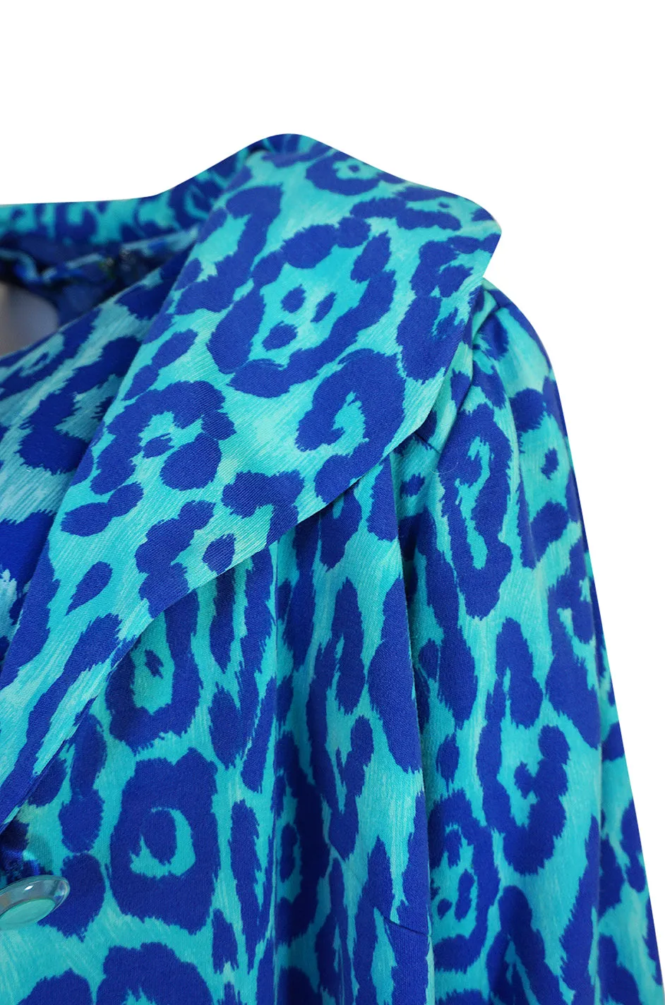 1970s La Mendola Silk Jersey Blue Print Dress & Knit Jersey Coat Set