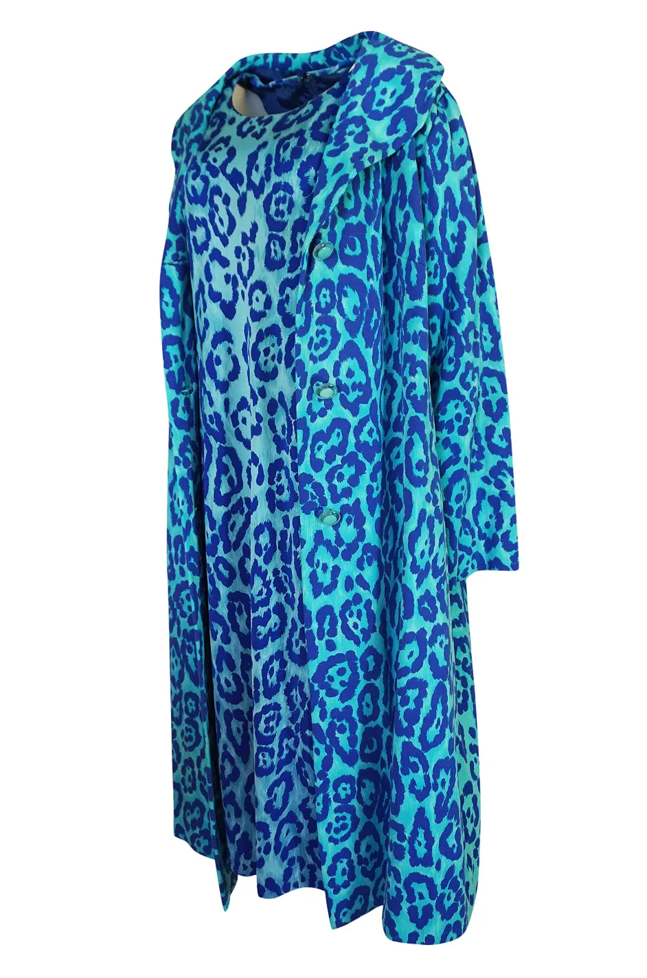 1970s La Mendola Silk Jersey Blue Print Dress & Knit Jersey Coat Set