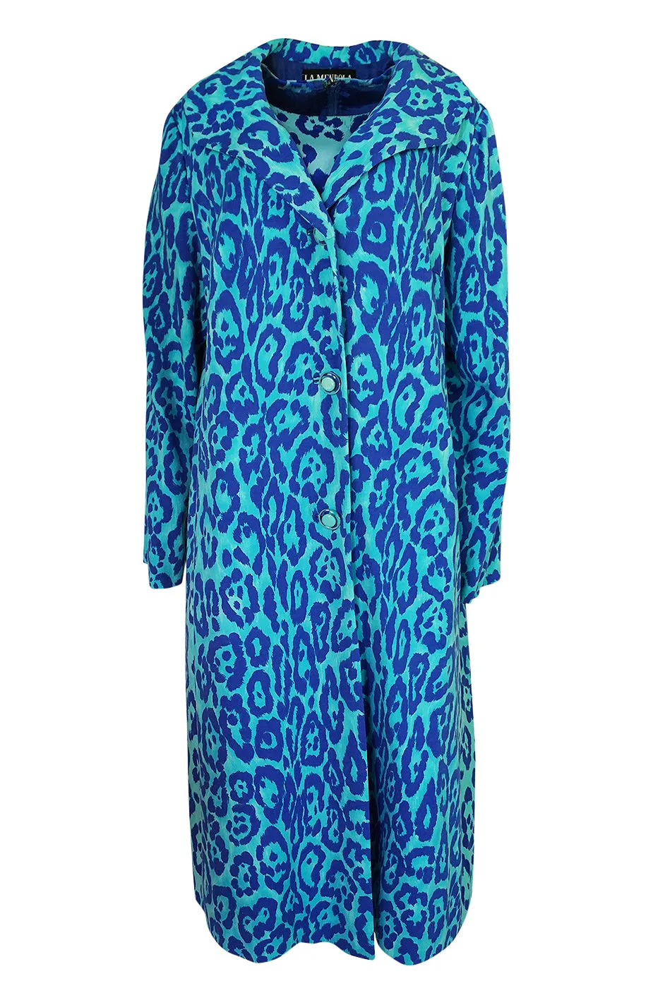 1970s La Mendola Silk Jersey Blue Print Dress & Knit Jersey Coat Set