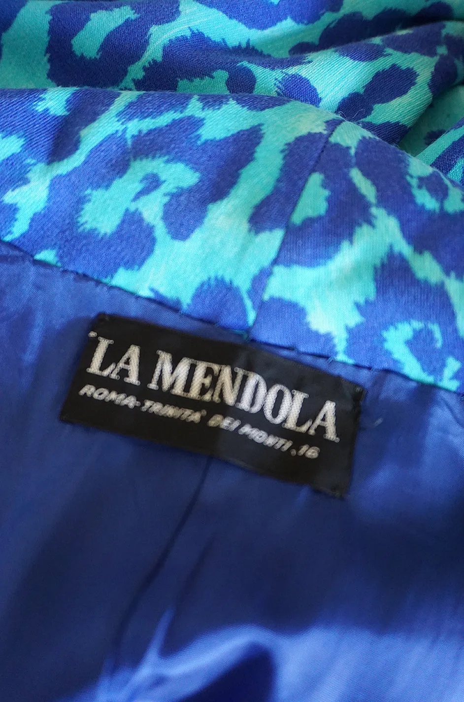 1970s La Mendola Silk Jersey Blue Print Dress & Knit Jersey Coat Set