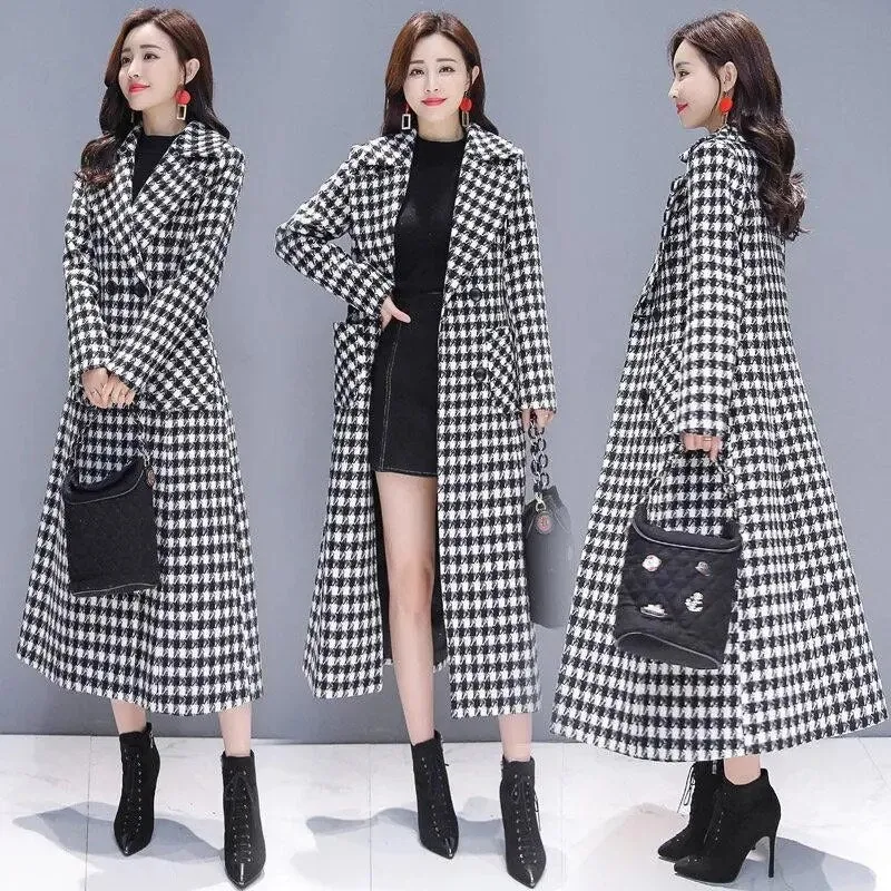 2022 New Plaid Woolen Coat Women Jacket Coat Mid-length Long Coat Temperament Houndstooth Woolen Coat Slim Fit Overcoat Outerwea
