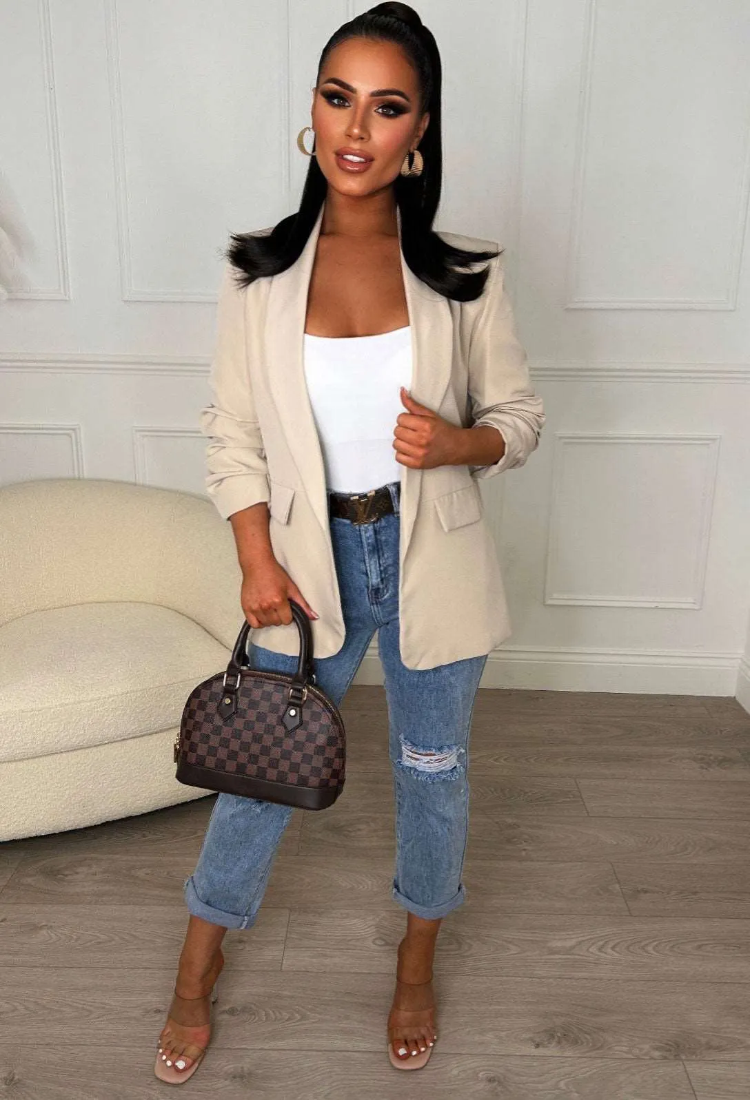 Always Iconic Nude Shawl Ruched Sleeve Blazer