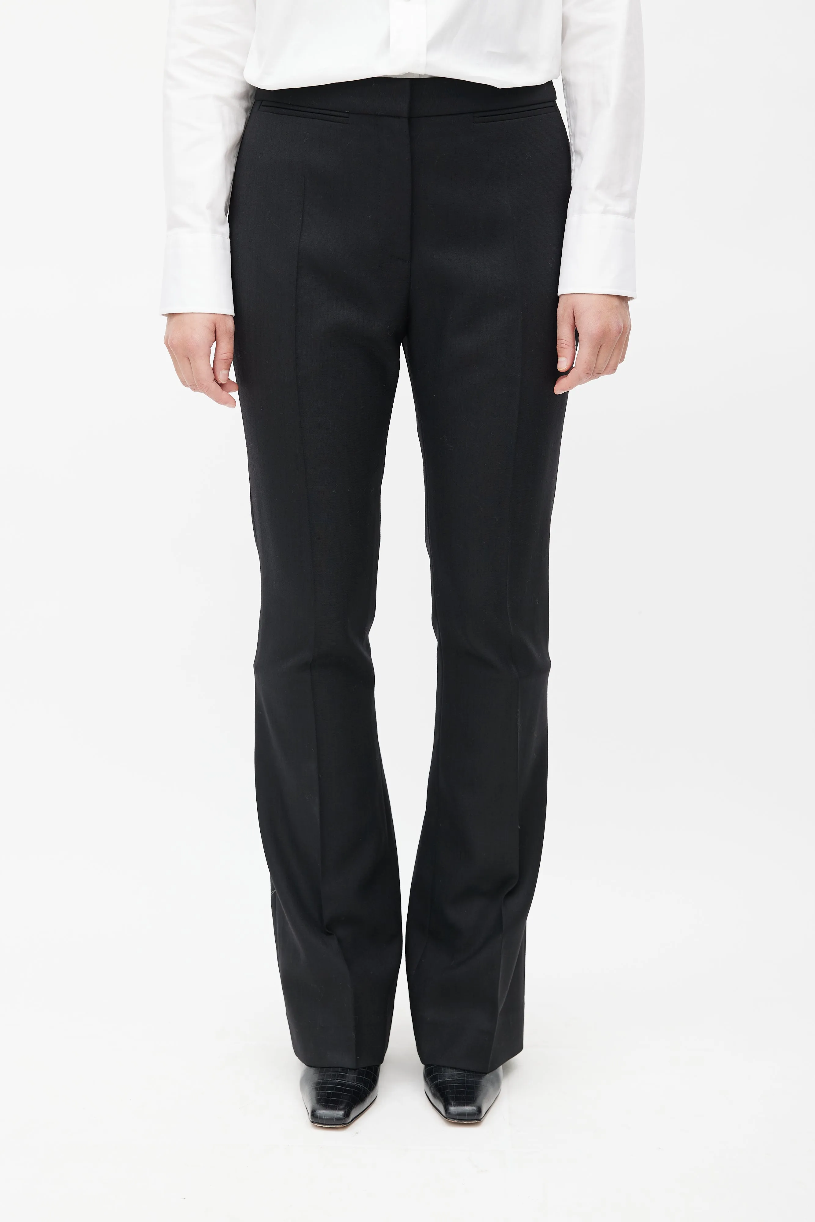 Black Pleated Wool Flared Trouser