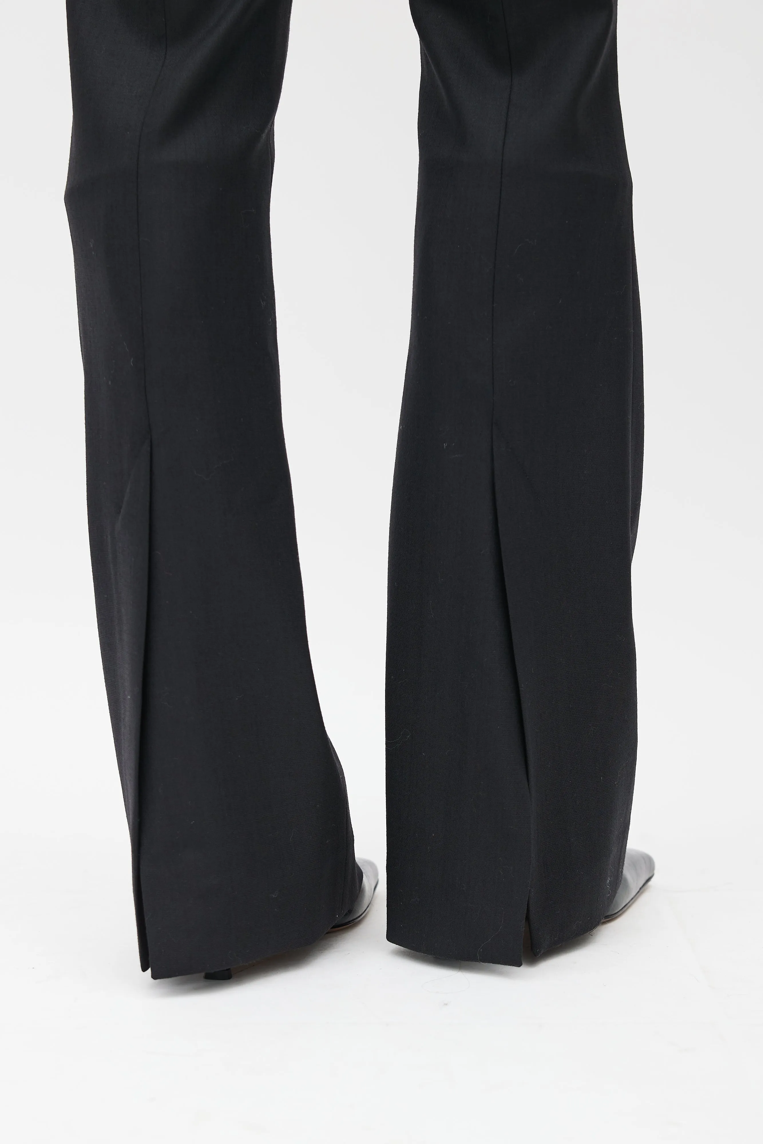 Black Pleated Wool Flared Trouser