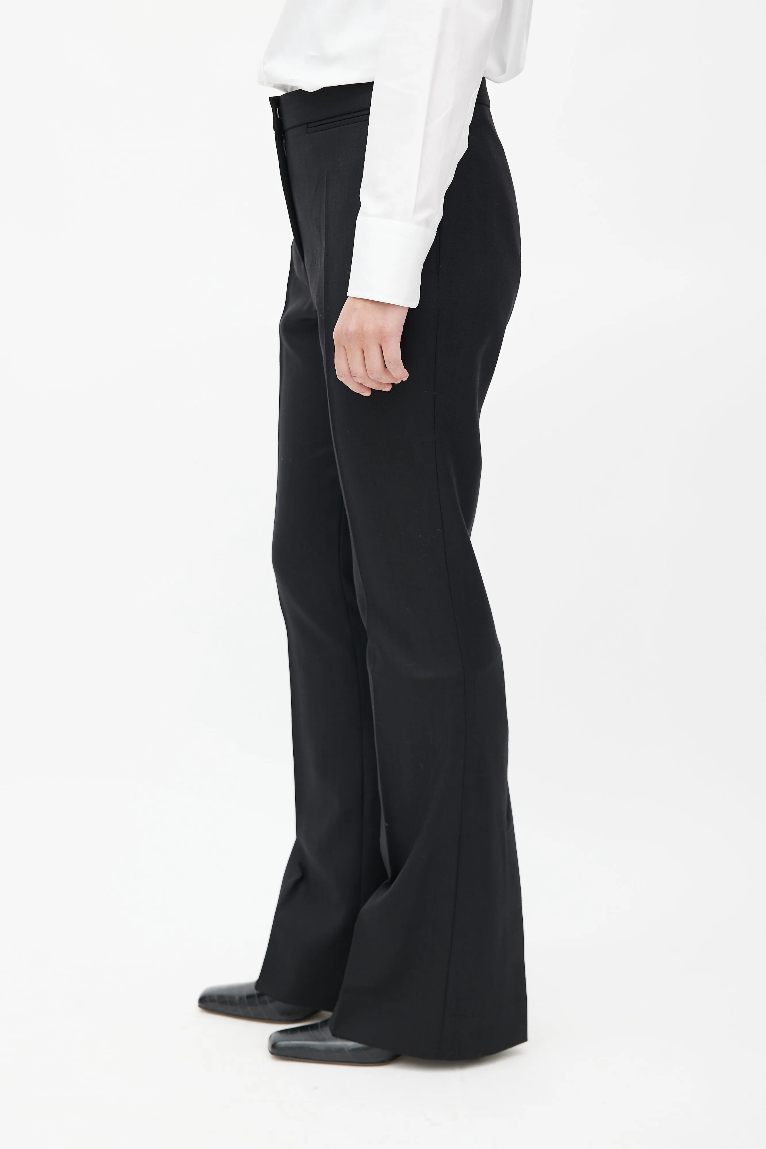 Black Pleated Wool Flared Trouser