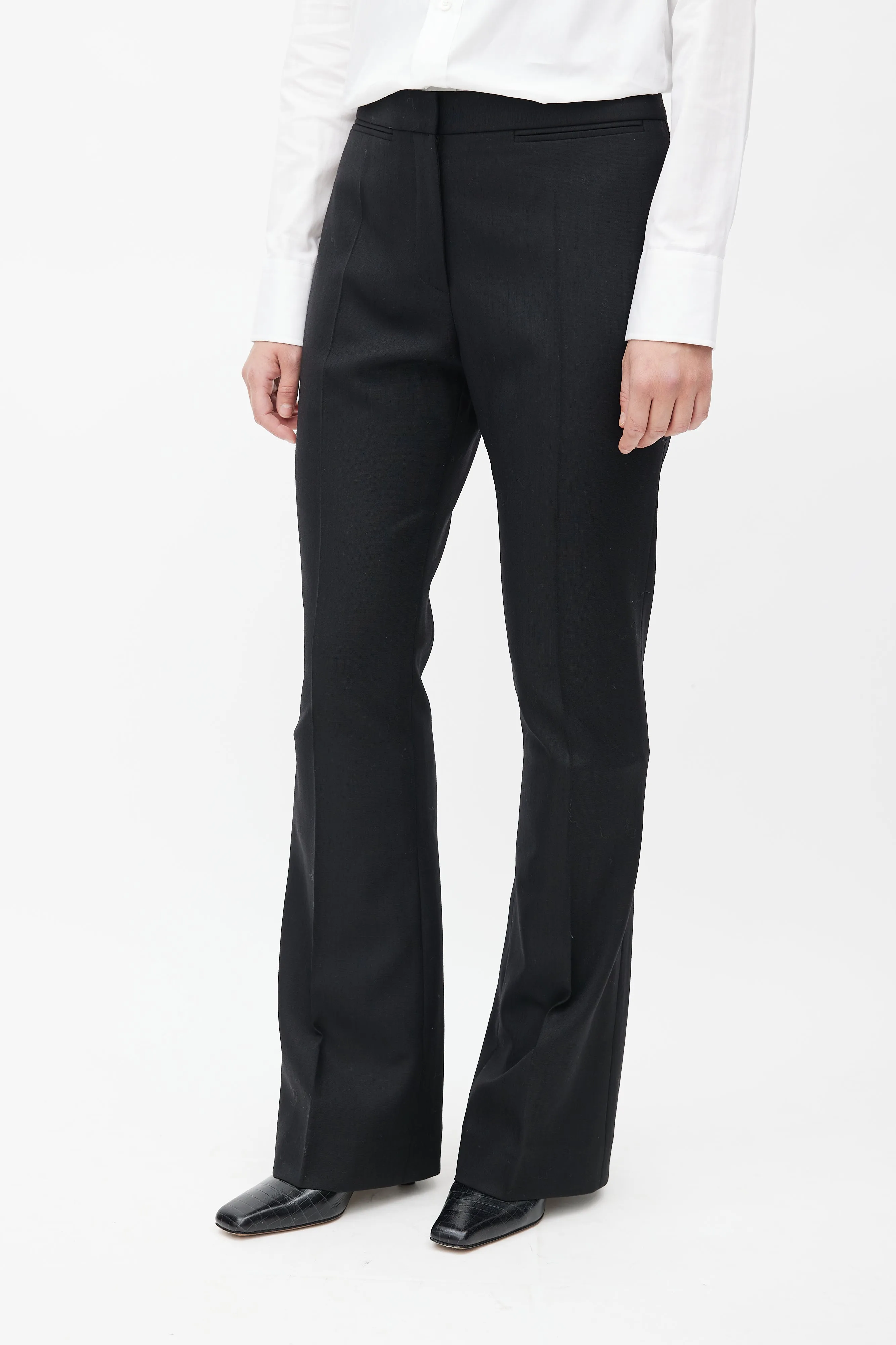 Black Pleated Wool Flared Trouser