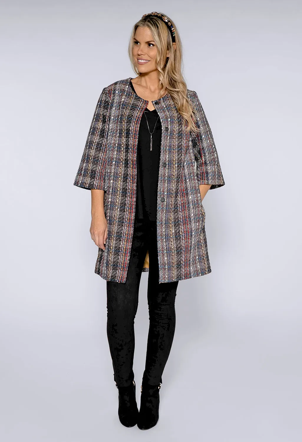 Black Rocha Lux Tweed Long Jacket with Gold Lining