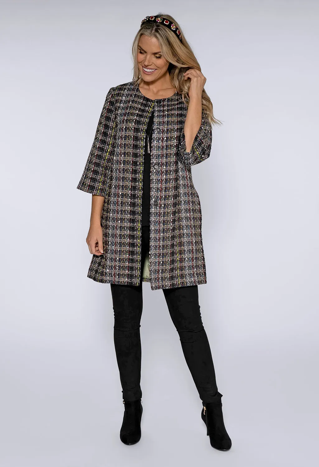 Black Rocha Lux Tweed Long Jacket with Gold Lining