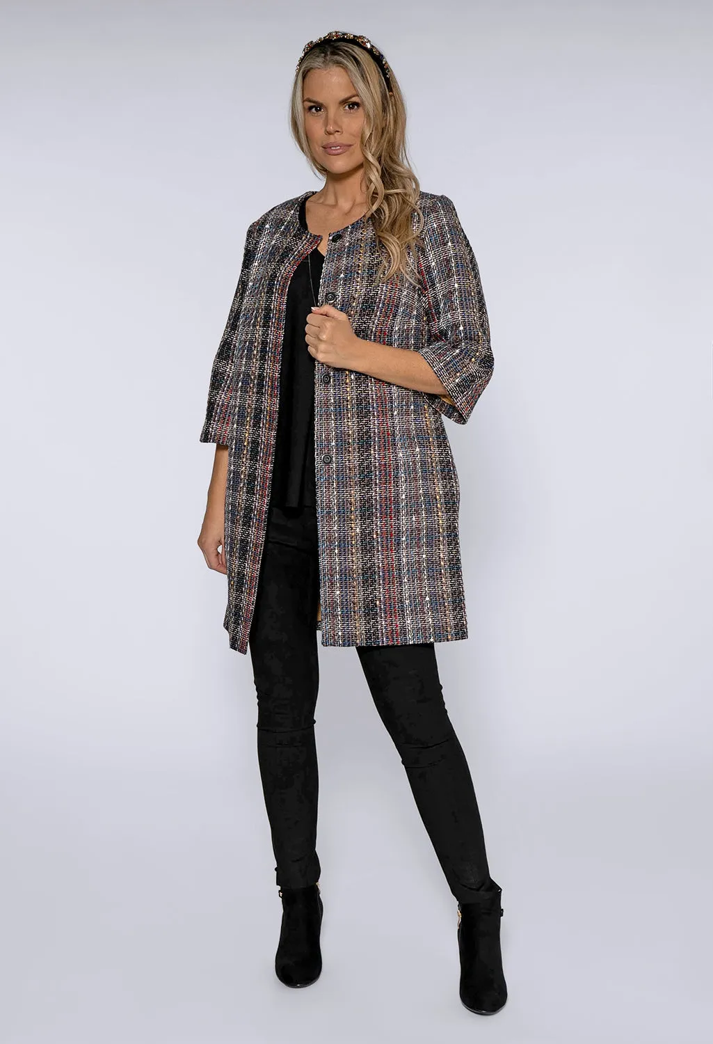 Black Rocha Lux Tweed Long Jacket with Gold Lining