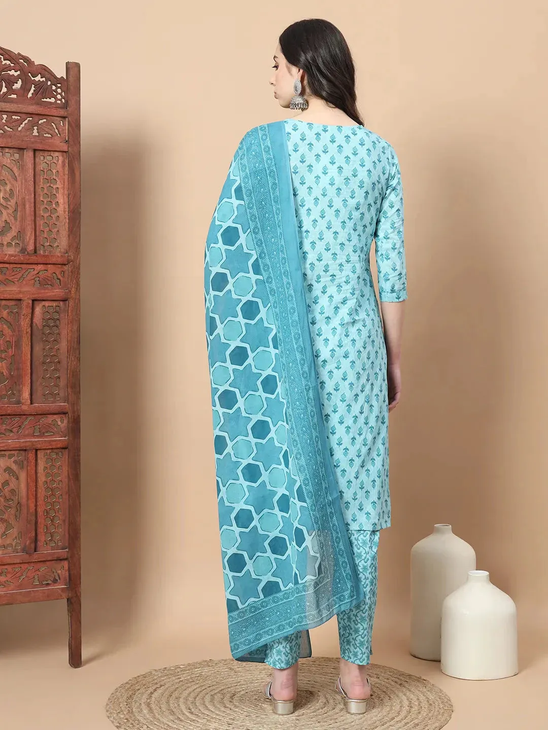 Blue Cotton Ethnic Motif Print Straight Shape Suit Set with Voile Dupatta