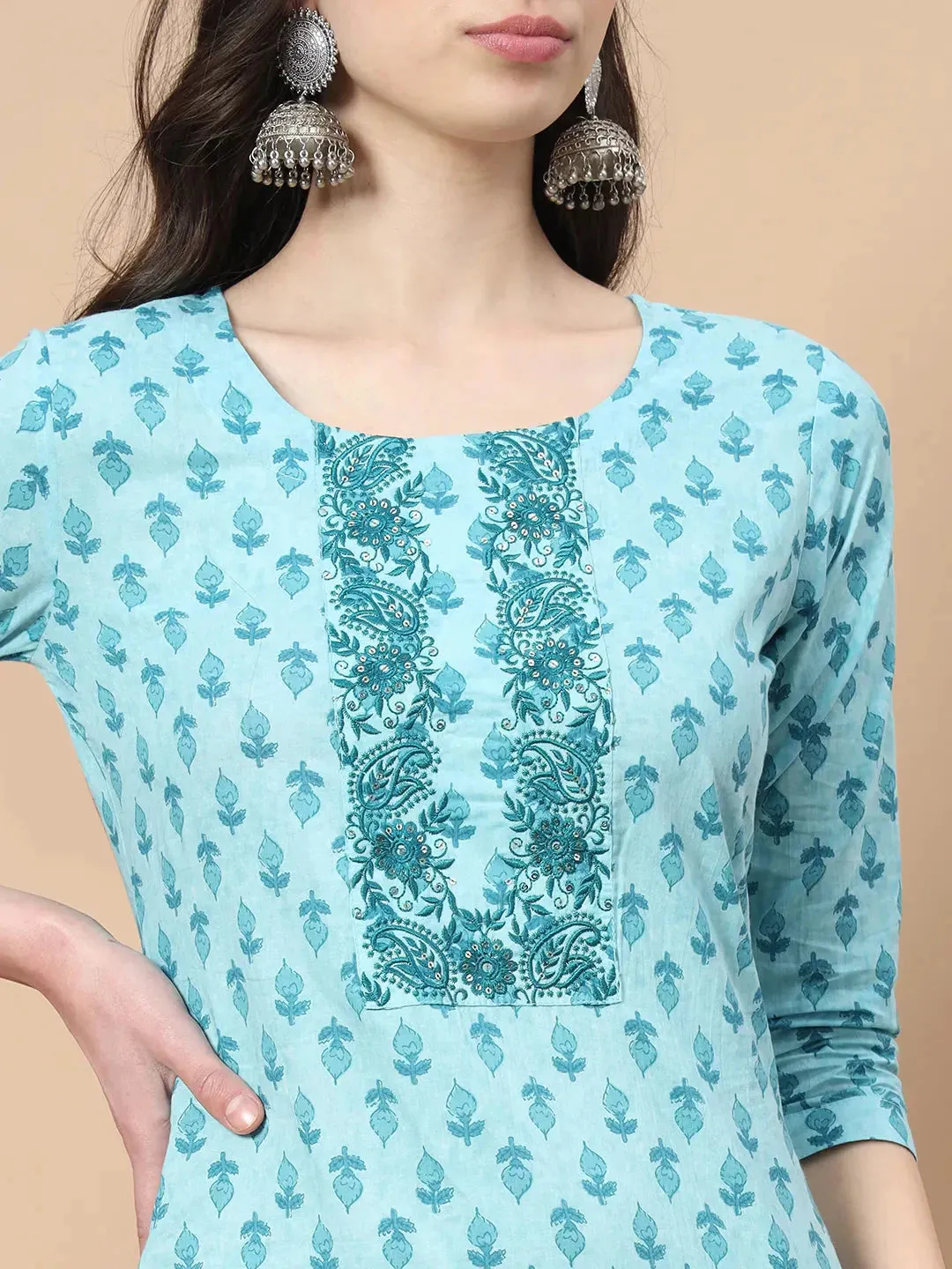 Blue Cotton Ethnic Motif Print Straight Shape Suit Set with Voile Dupatta