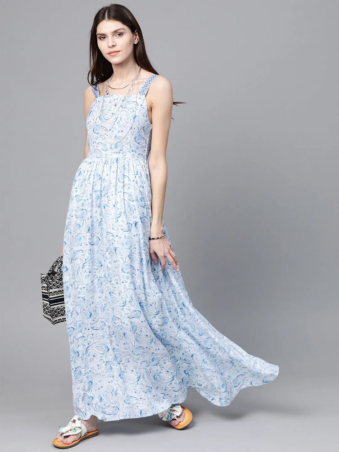 Blue Paisley Strappy Gathered Maxi