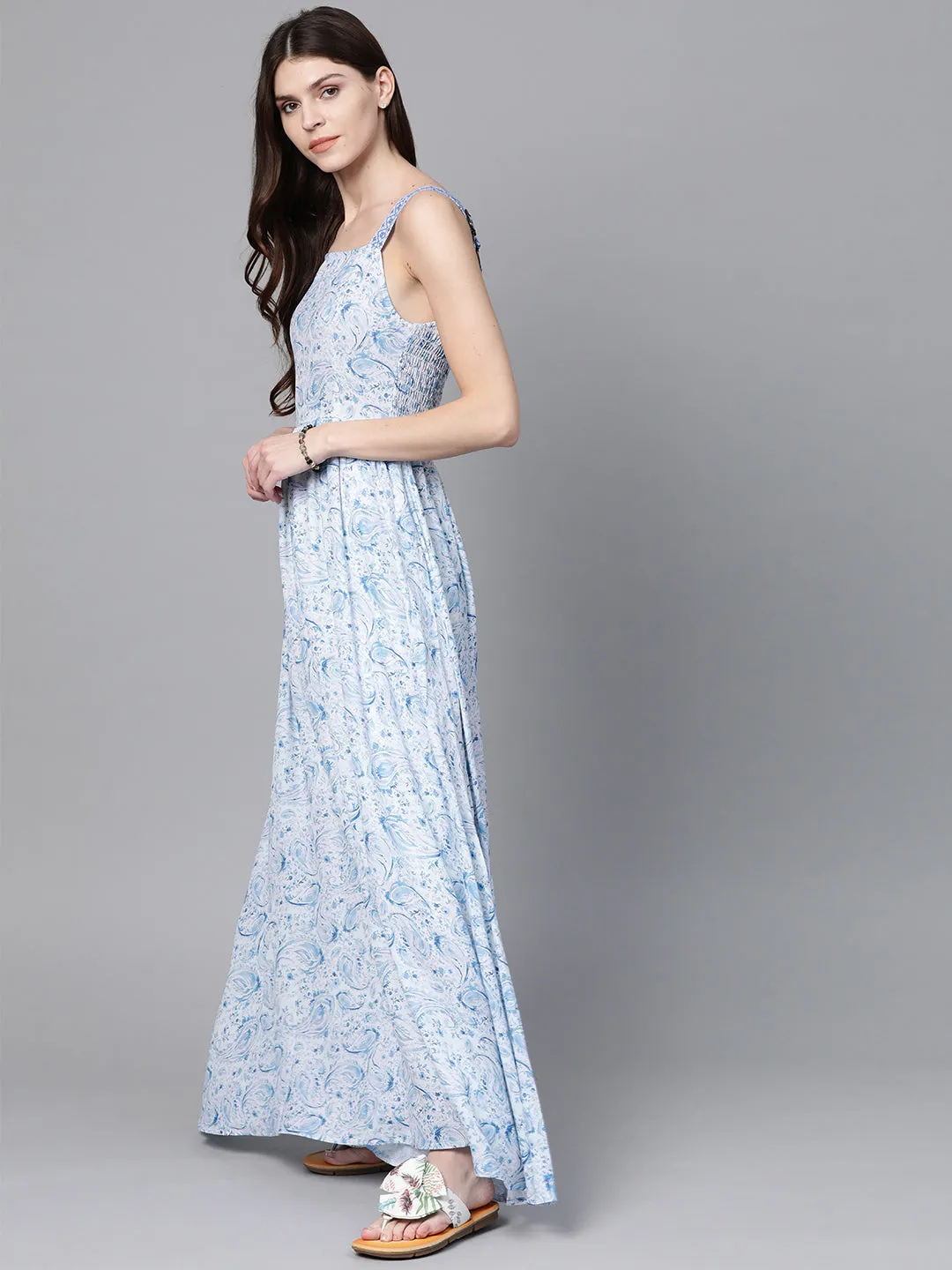 Blue Paisley Strappy Gathered Maxi