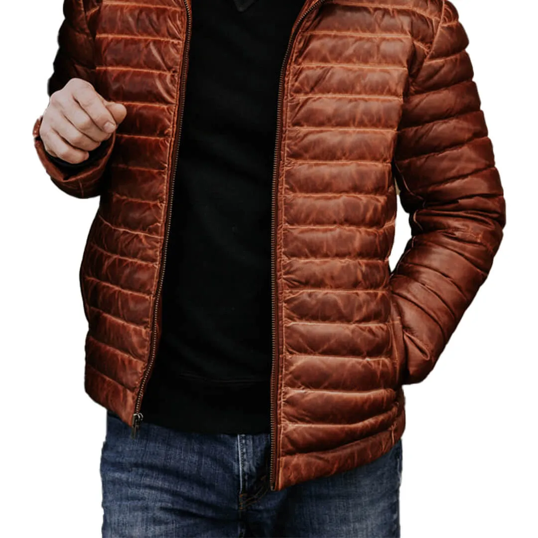 Brown Leather Puffer Jacket