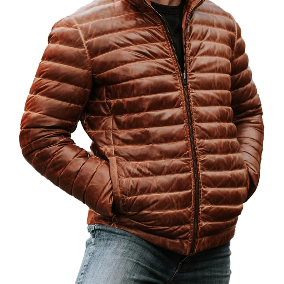 Brown Leather Puffer Jacket