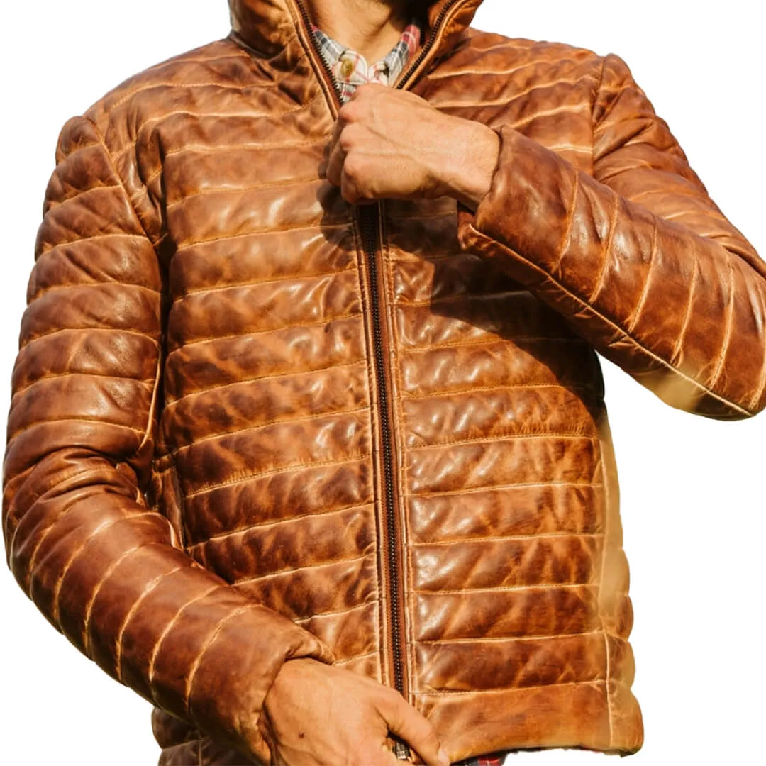 Brown Leather Puffer Jacket
