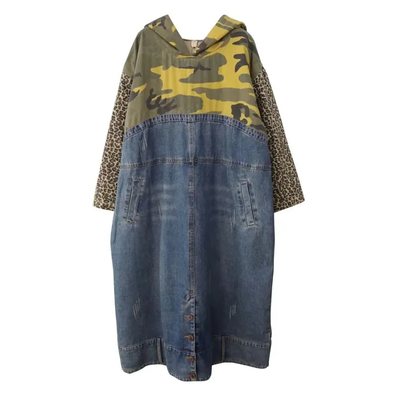 Camouflage Patchwork Denim Hooded Cowboy Maxi Baggy Dress