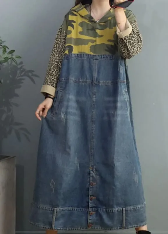 Camouflage Patchwork Denim Hooded Cowboy Maxi Baggy Dress