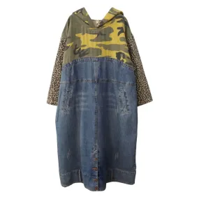 Camouflage Patchwork Denim Hooded Cowboy Maxi Baggy Dress