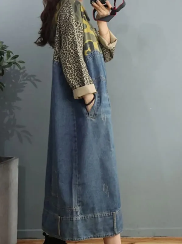 Camouflage Patchwork Denim Hooded Cowboy Maxi Baggy Dress