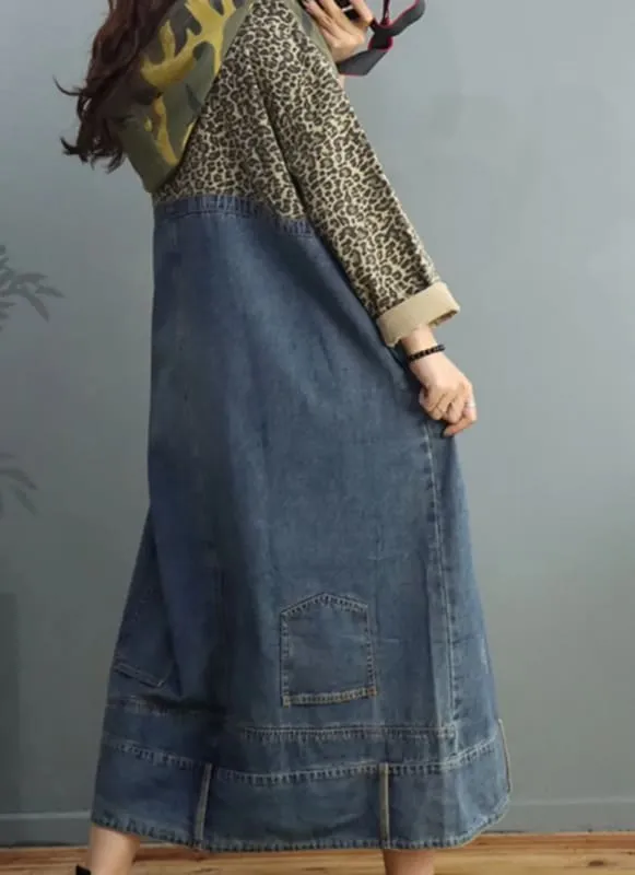 Camouflage Patchwork Denim Hooded Cowboy Maxi Baggy Dress