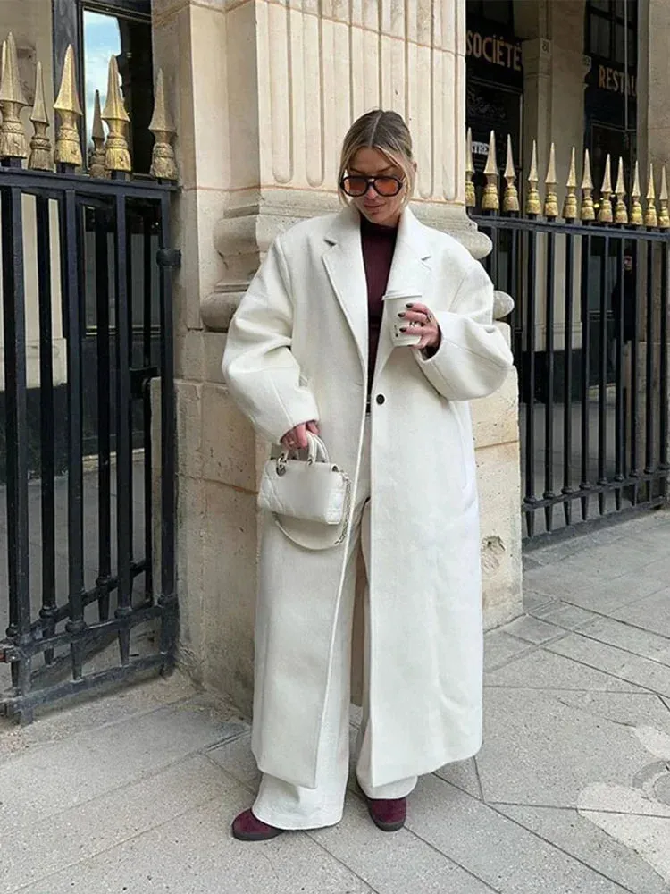 Chicmy-Autumn New Oversize Solid Woolen Lapel Long Sleeve Coat Women Fashion One Button Long Overcoat 2024 Winter Lady Street Outerwear