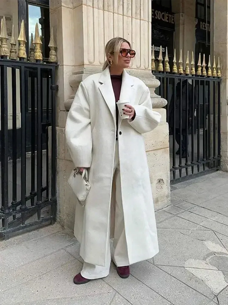 Chicmy-Autumn New Oversize Solid Woolen Lapel Long Sleeve Coat Women Fashion One Button Long Overcoat 2024 Winter Lady Street Outerwear