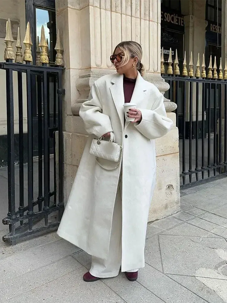 Chicmy-Autumn New Oversize Solid Woolen Lapel Long Sleeve Coat Women Fashion One Button Long Overcoat 2024 Winter Lady Street Outerwear