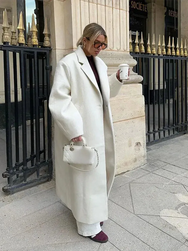 Chicmy-Autumn New Oversize Solid Woolen Lapel Long Sleeve Coat Women Fashion One Button Long Overcoat 2024 Winter Lady Street Outerwear