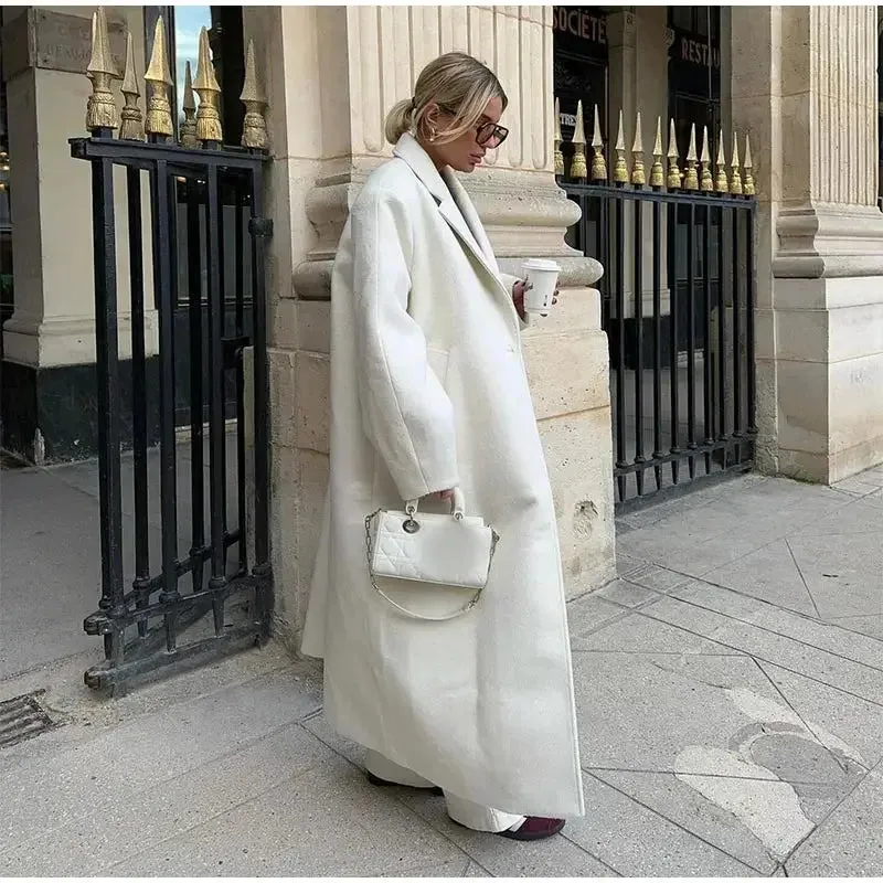 Chicmy-Autumn New Oversize Solid Woolen Lapel Long Sleeve Coat Women Fashion One Button Long Overcoat 2024 Winter Lady Street Outerwear