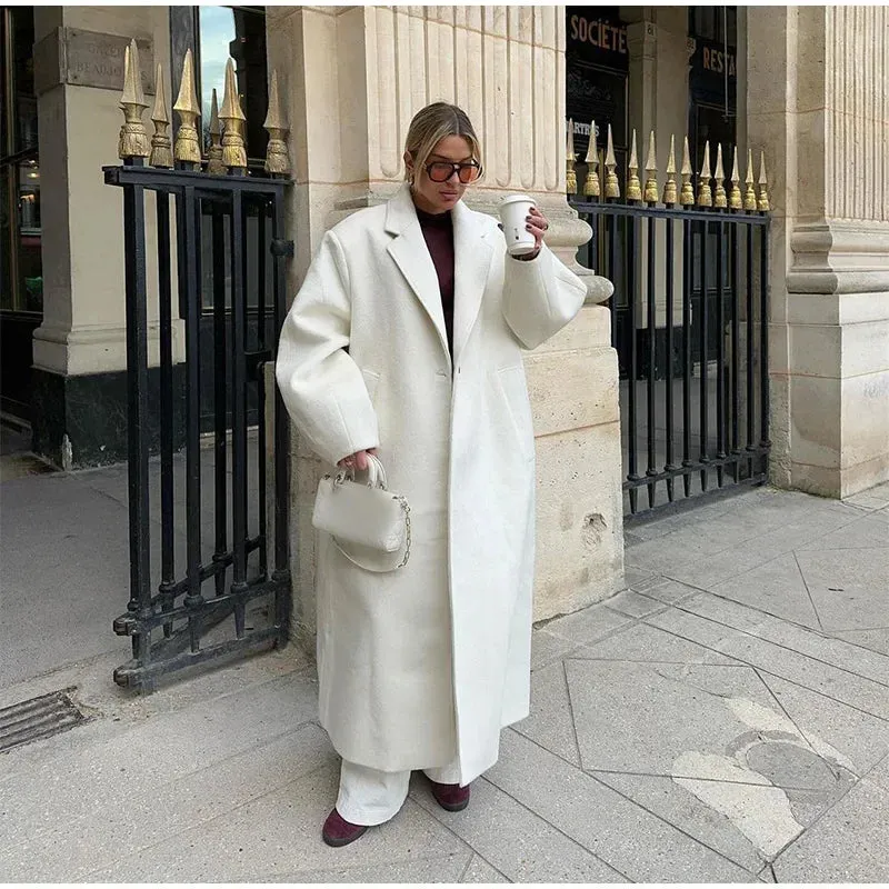 Chicmy-Autumn New Oversize Solid Woolen Lapel Long Sleeve Coat Women Fashion One Button Long Overcoat 2024 Winter Lady Street Outerwear
