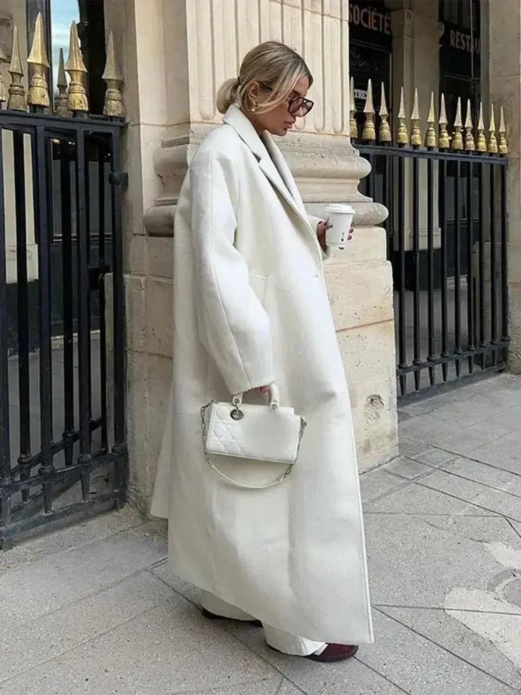 Chicmy-Autumn New Oversize Solid Woolen Lapel Long Sleeve Coat Women Fashion One Button Long Overcoat 2024 Winter Lady Street Outerwear