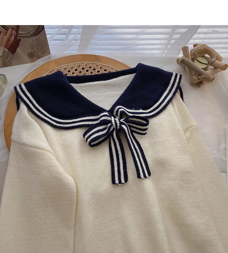 Contrast lace up Navy neck sweater female  6075