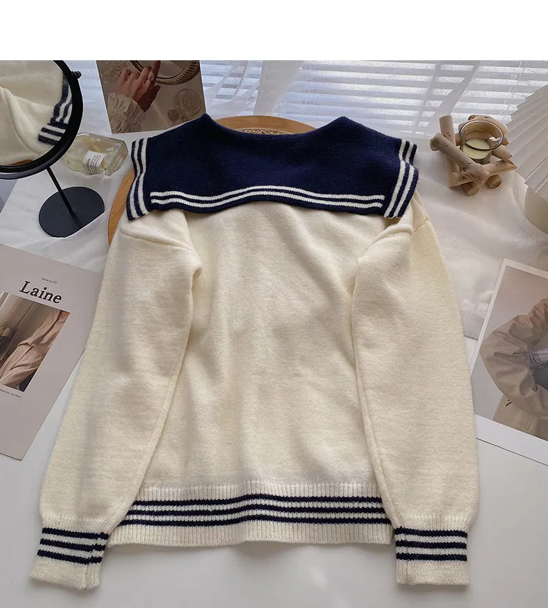 Contrast lace up Navy neck sweater female  6075