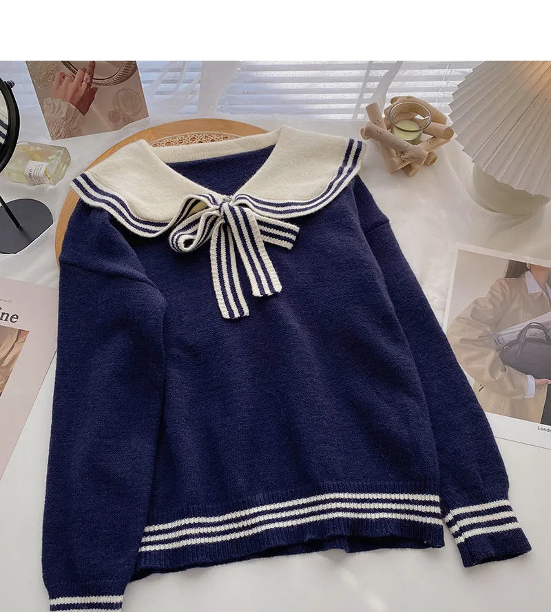 Contrast lace up Navy neck sweater female  6075
