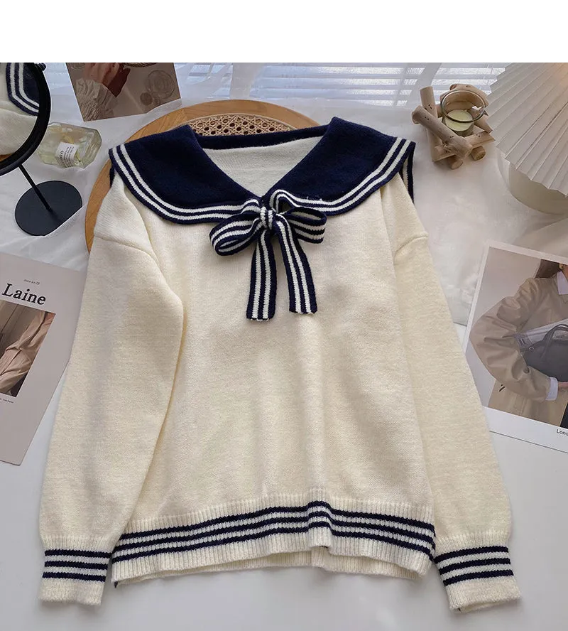 Contrast lace up Navy neck sweater female  6075