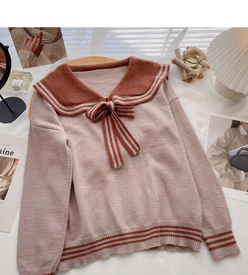 Contrast lace up Navy neck sweater female  6075