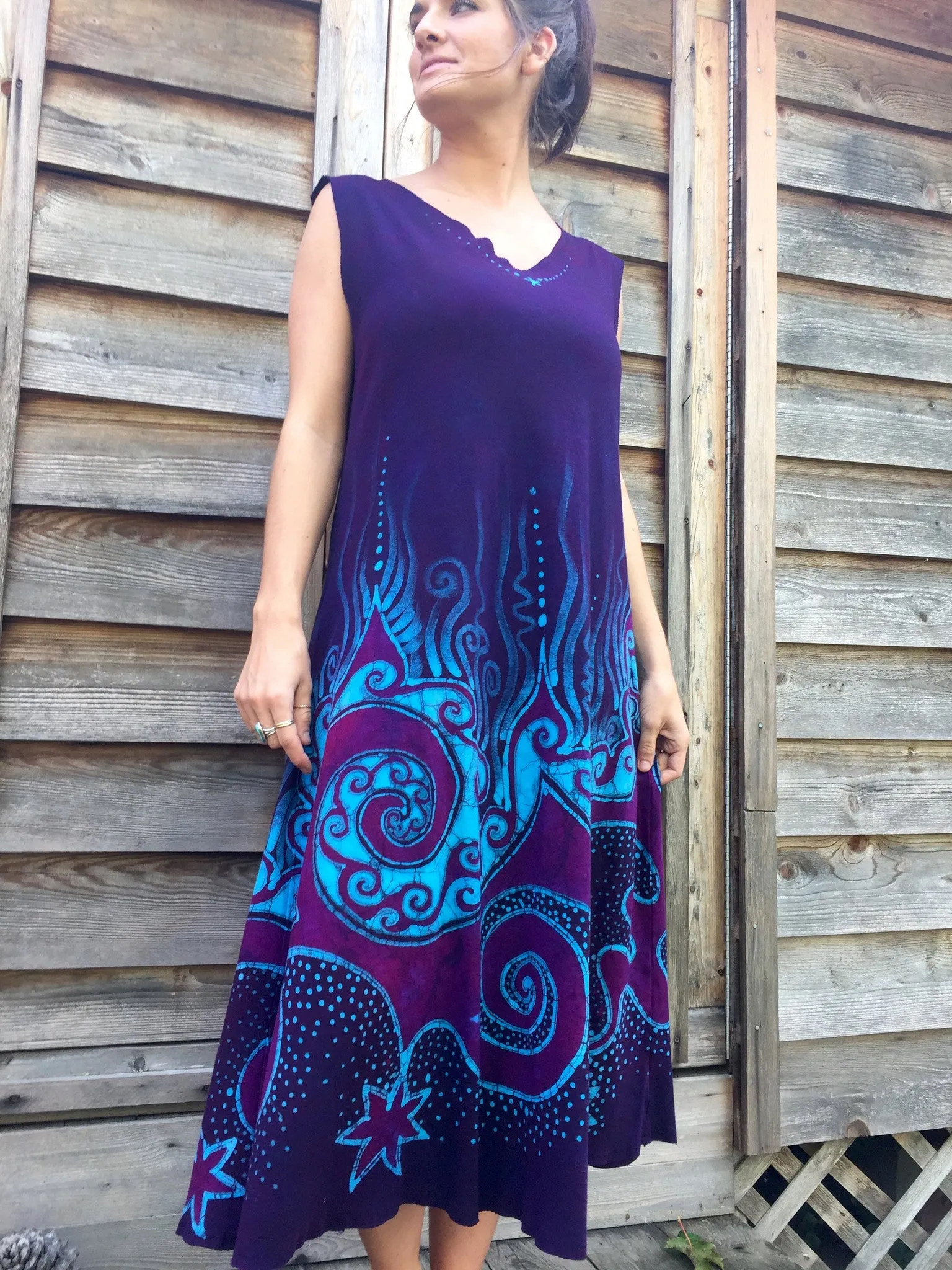Deep Blue and Purple Sea Of Dreams Organic Cotton Batik Dress - Plus Size