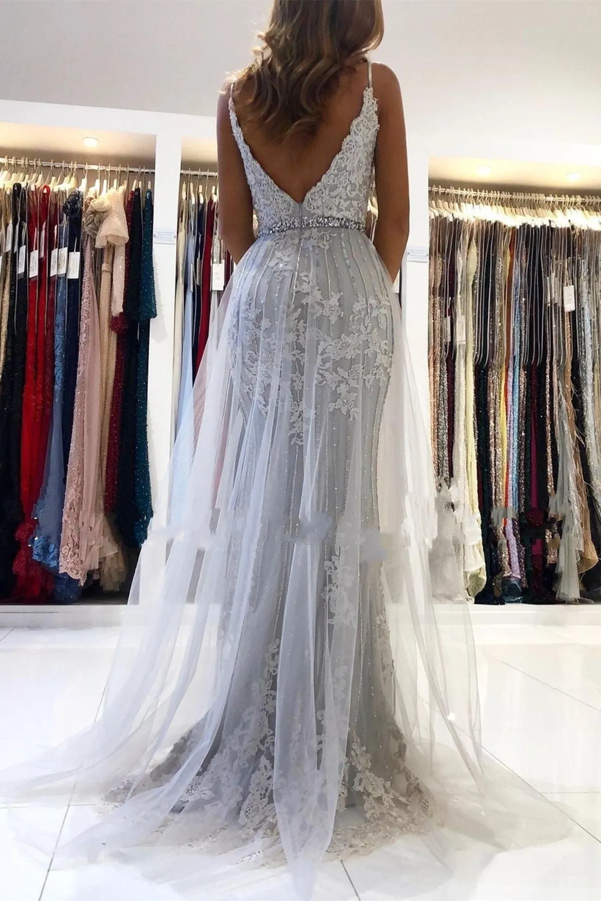 Elegant Mermaid Gray Lace Long Prom Dresses with High Slit, Gray Lace Formal Dresses, Mermaid Grey Evening Dresses