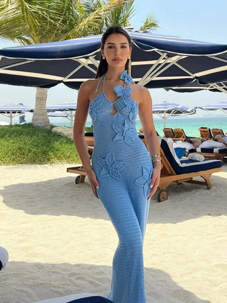 Floral-applique Hollow Knit White Dresses Woman 2024 Elegant Beach Vacation Outfits Halter Backless Long Dress C71GE39