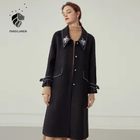 Floral Embroidery Black Long Wool Coat Women Autumn Winter Elegant White Blend Jacket Female Woolen Vintage Overcoat