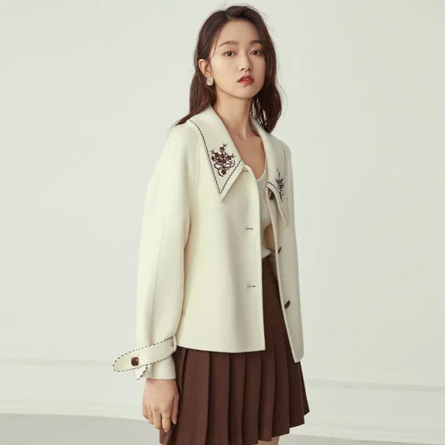 Floral Embroidery Black Long Wool Coat Women Autumn Winter Elegant White Blend Jacket Female Woolen Vintage Overcoat