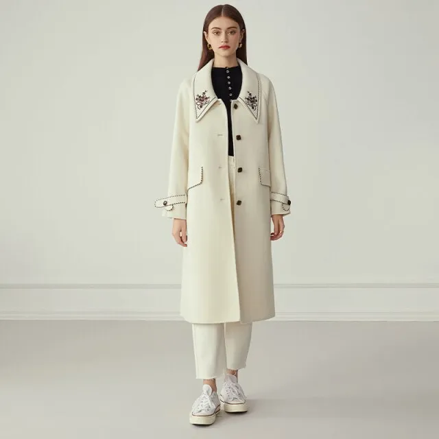 Floral Embroidery Black Long Wool Coat Women Autumn Winter Elegant White Blend Jacket Female Woolen Vintage Overcoat