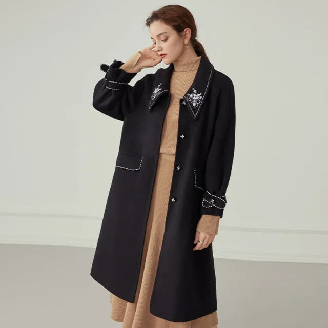 Floral Embroidery Black Long Wool Coat Women Autumn Winter Elegant White Blend Jacket Female Woolen Vintage Overcoat