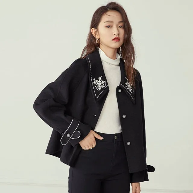 Floral Embroidery Black Long Wool Coat Women Autumn Winter Elegant White Blend Jacket Female Woolen Vintage Overcoat